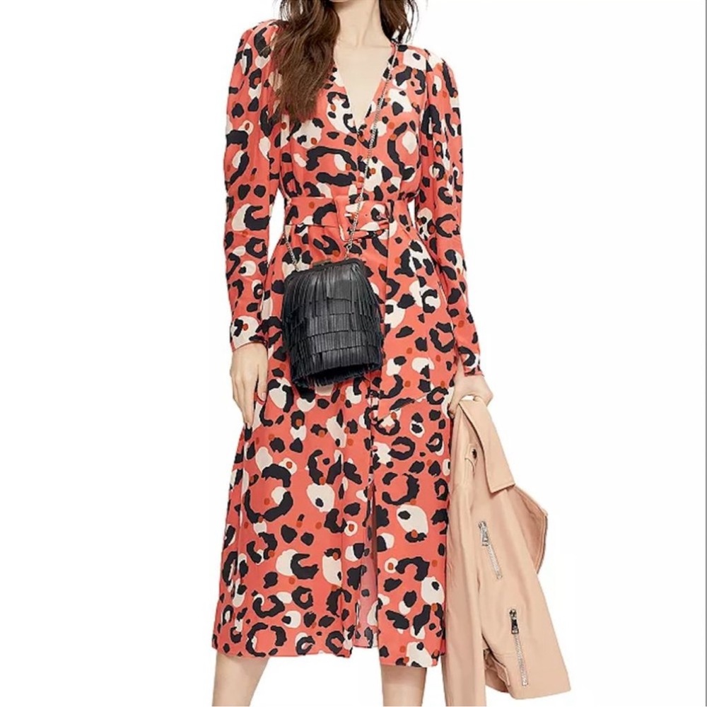 🐆🖤TED BAKER MODERN RED ORANGE LONG SLEEVE LEOPARD PRINT DRESS🖤🐆